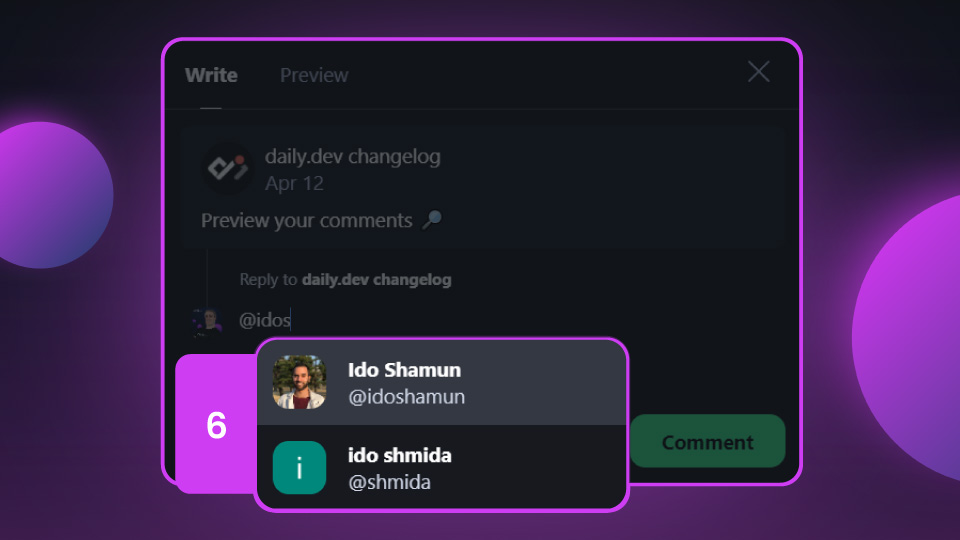 Comment modal highlighting the @mention drop-down (6)