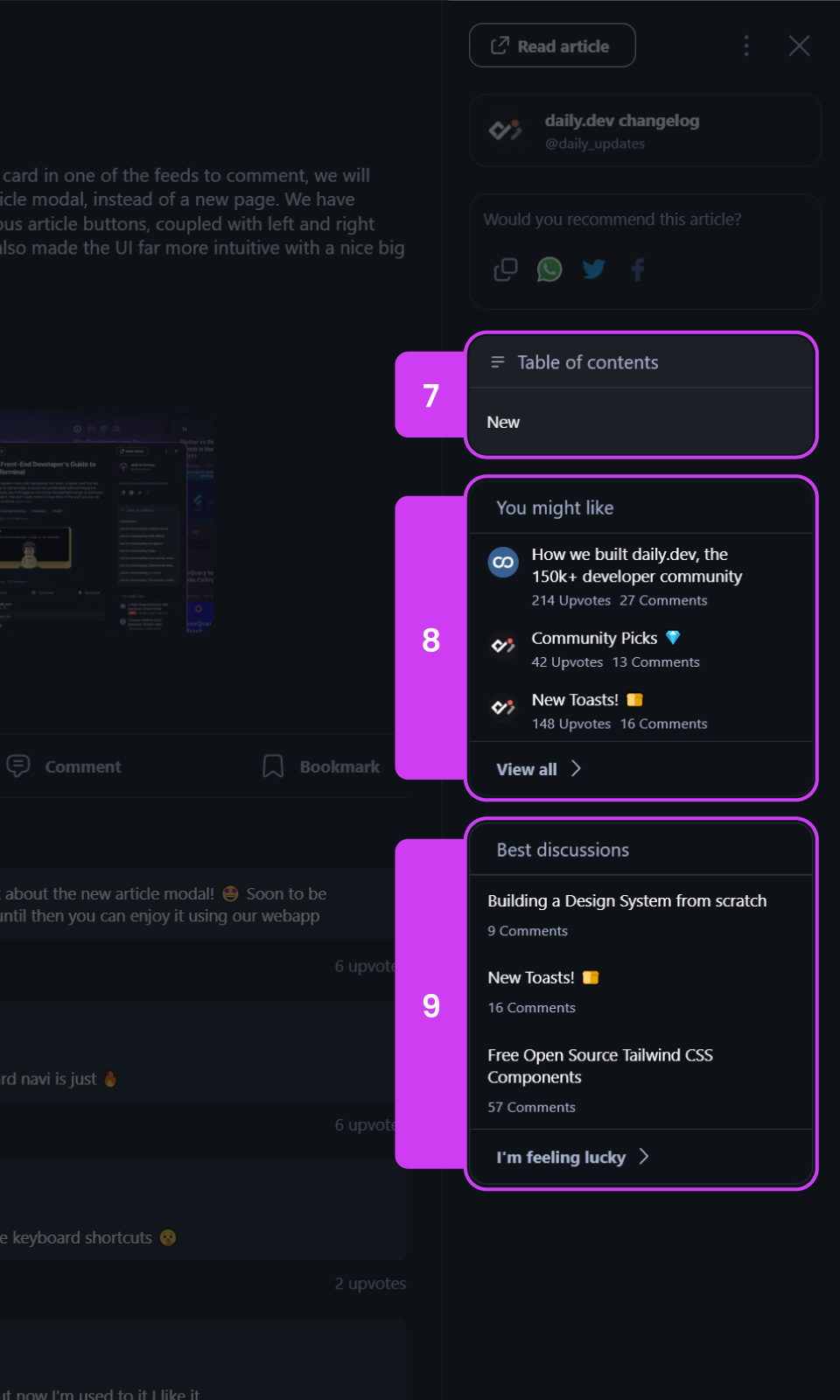 The right sidebar / aside on the post modal highlighting the table on contents (7), the reading recommendations (8) and posts with interesting discussions (9)