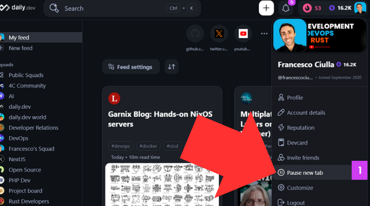 highlighting the "pause new tab" feature button, on profile  menu