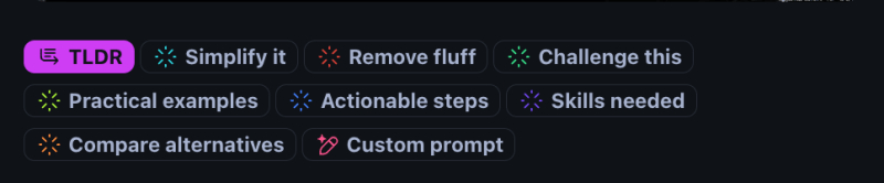 daily.dev smart prompts interface showing AI-powered content analysis options including summarize, actionable steps, skills needed, and compare alternatives