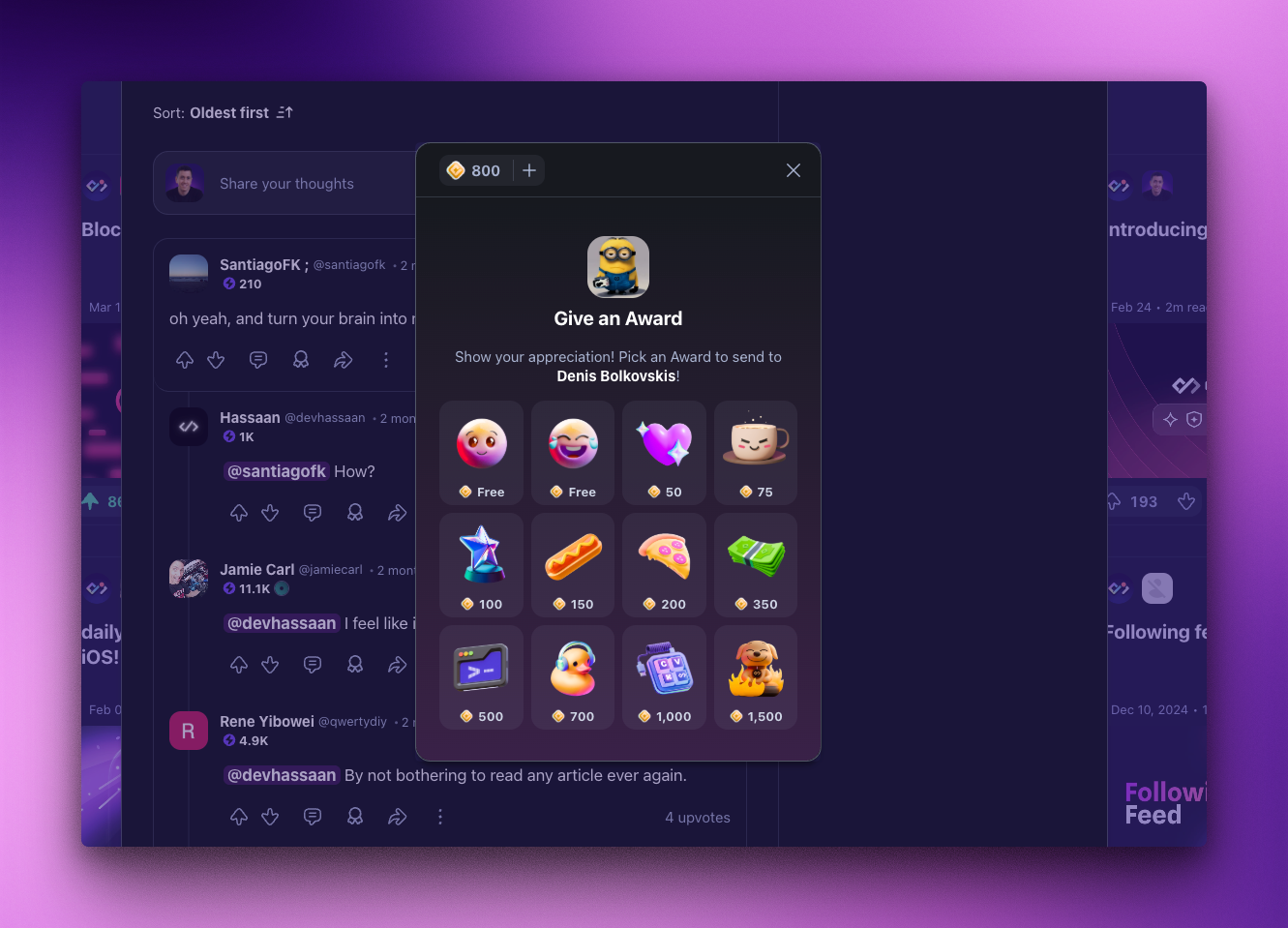 daily.dev awards interface showing different award options including heart, trophy, and gem icons with pricing and descriptions