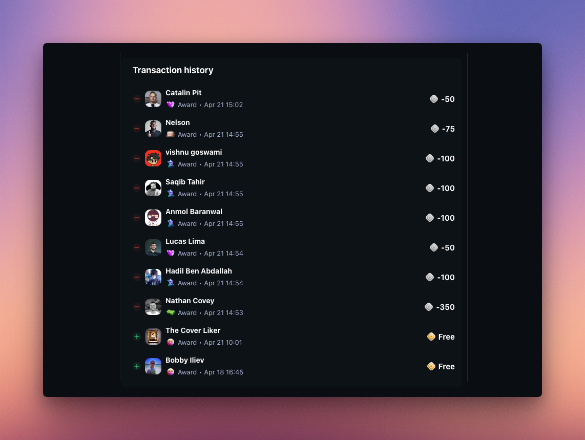 screenshot of the transaction history