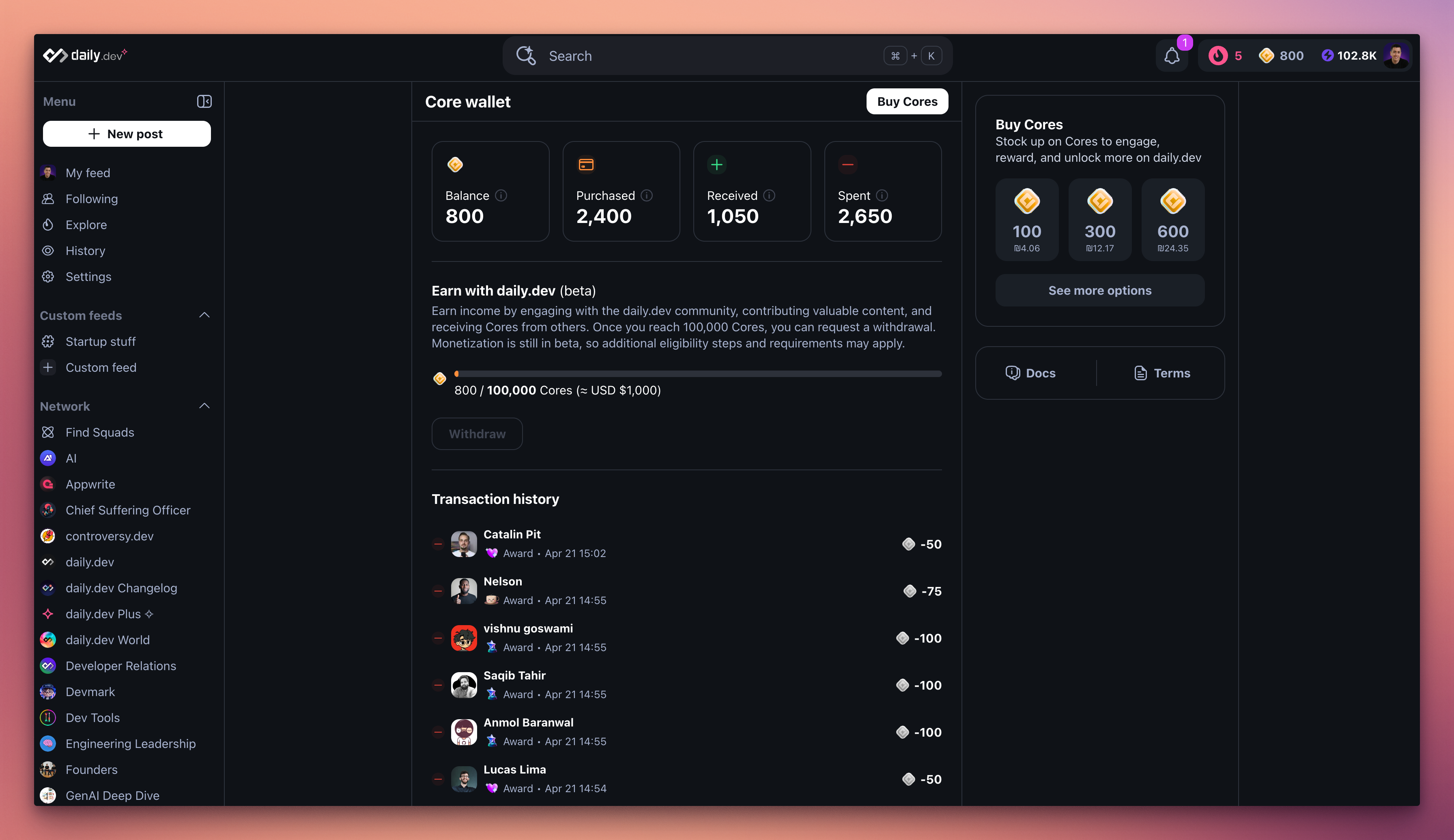 screenshot of the Cores wallet